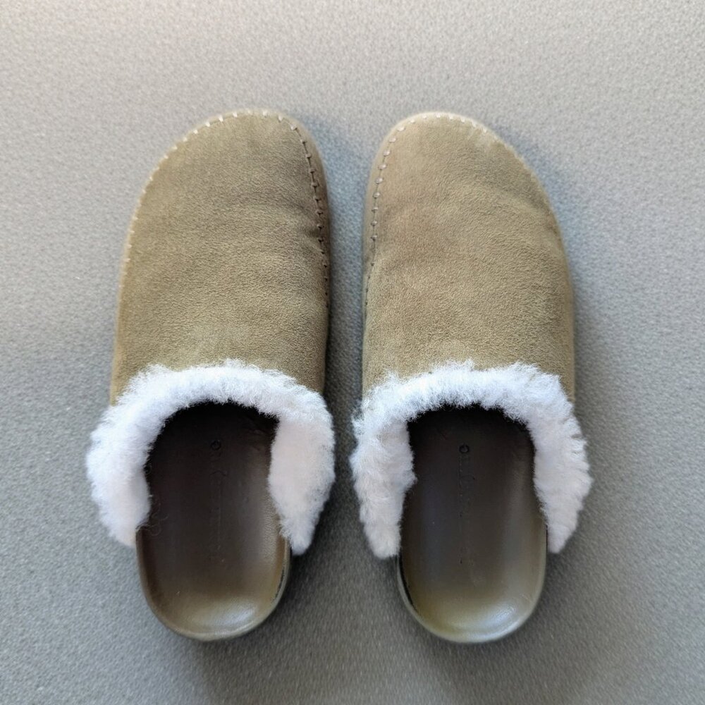 Jenni Kayne Shearling Moc Clog Shoes Khaki Olive Size 37 Luxury Cozy Suede